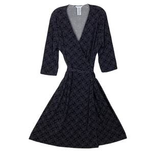 NWOT GEORGE Dress XL Black Purple Stretch Wrap 3/4 Sleeve Knee Geo-Pattern